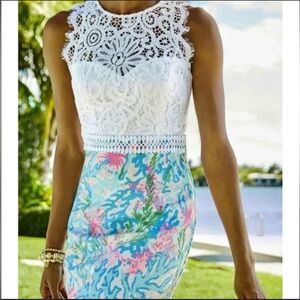 Lilly Pulitzer Sharice Stretch Shift Dress Coral Bay Lace Overlay NWT Size 00